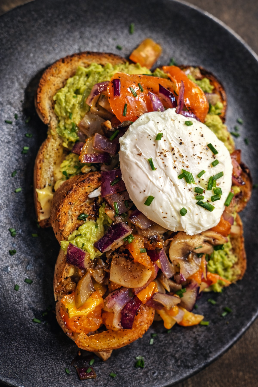 Avocado Toast with Egg, Mushroom, Onions